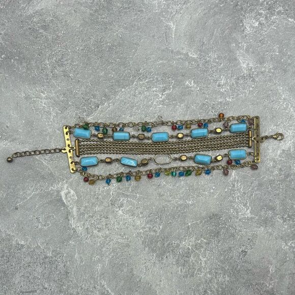 Vintage Brass Gold Tone Blue Beaded Rhinestones Chain Bracelet - Picture 2 of 14